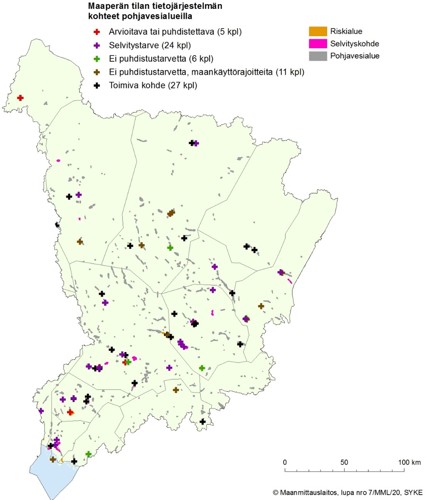 Kuvassa on kartta Kemijoen vesistöalueesta, jossa on esitetty toimenpiteiden tarpeet pohjavesialueilla.