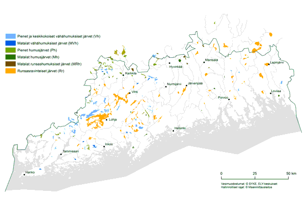 Karttakuva Uudenmaan järvityypeistä.