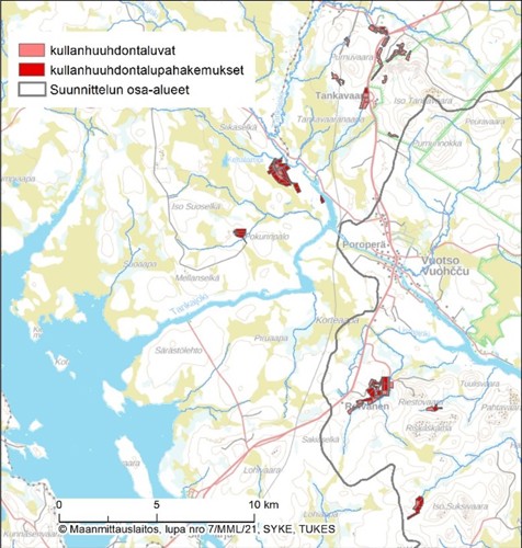 Kuvassa on  kartta joka rajautuu Kitisen ja Luiron suunnittelualueille. Karttaan on merkitty punaisella sävyllä alueen kullanhuuhdonta alueet.