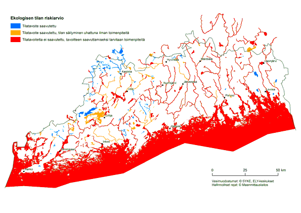 Karttakuva riskinarviosta. Suurin osa vesimuodostumista on merkitty karttaan punaisella, joka tarkoittaa, että tilatavoitetta ei ole saavutettu ja sen saavuttamiseksi tarvitaan toimenpiteitä.