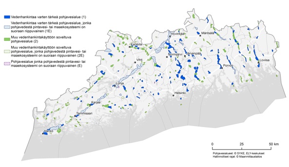 Karttakuva pohjavesialueluokista. Sinisellä merkittyjä vedenhankintaan varten tärkeitä pohjavesialueita on eniten.