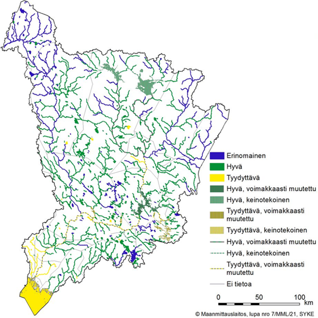 Kuvassa on rajattu kartta vesienhoitoalueesta, johon kokonaisarvio pintavesien ekologisesta tilasta on esitetty eri väreillä. Valtaosa alueen pintavesistä on hyvässä tilassa.