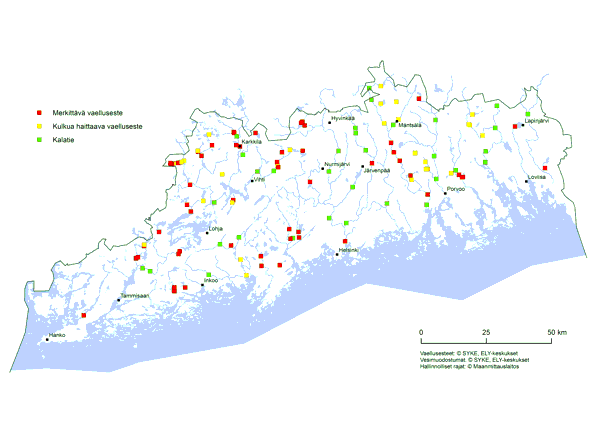 Karttakuva vaellusesteistä ja kalateistä. Merkittäviä vaellusesteitä on melko tasaisesti koko Uudellamaalla.