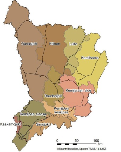 Kuvassa rajattu kartta vesienhoitoalueesta, johon on rajattu ja nimetty suunnittelun eri osa-alueet.