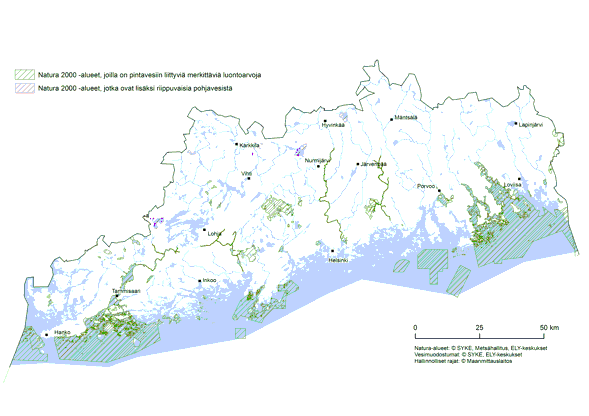 Karttakuva erityisiksi alueiksi valituista Natura-alueista Uudellamaalla.