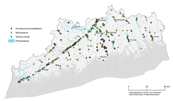 Karttakuva maaperän tilan tietojärjestelmän (MATTI) kohteista pohjavesialueilla.
