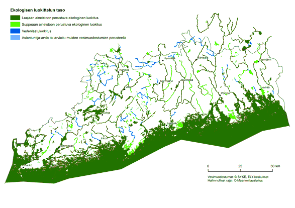 Karttakuva pintavesien ekologisen luokittelun tasosta. Suurin osa luokittelusta perustuu joko laajaan tai suppeaan aineistoon.