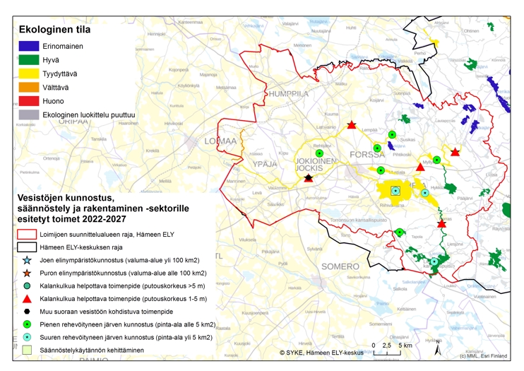 Kartta, jossa on esitetty Kokemäenjoen alaosan - Loimijoen suunnittelualueen vesille esitetyt vesistöjen kunnostus, säännöstely ja rakentaminen -sektorin toimet vuosille 2022-2027 Hämeen ELY-keskuksen alueella.