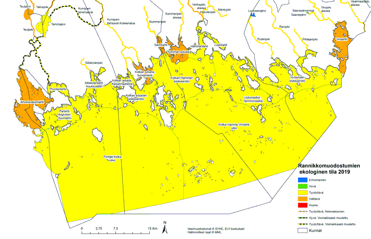 Rannikkovesien ekologinen tila Kaakkois-Suomessa. Ulkoinen saaristo on tyydyttävässä tilassa, rannikkovedet pääosin välttävässä.