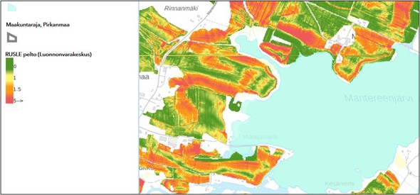 RUSLE 2015 eroosiomallin osoittamat peltoalueiden kriittiset eroosiomäärät, jotka ylittävät 1 t/ha/v.