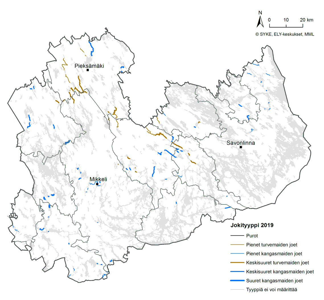 Etelä-Savon kartta, jossa on esitetty pintavesimuodostumien tyypittely jokien osalta. Jokien pintavesityypit on merkitty karttaan eri väreinä ja viivan paksuuksina.