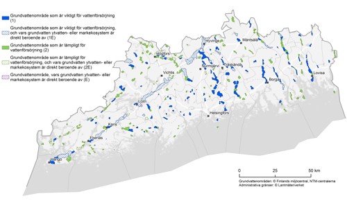 En kartbild av grundvattenklasser. Största delen av områdena är sådana grundvattenområden som är viktiga med tanke på vattenförsörjning och de är markerade med blått.