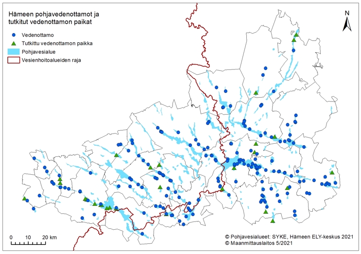 Kartta, jossa on esitetty Hämeen alueen pohjavedenottamot ja tutkitut vedenottopaikat.