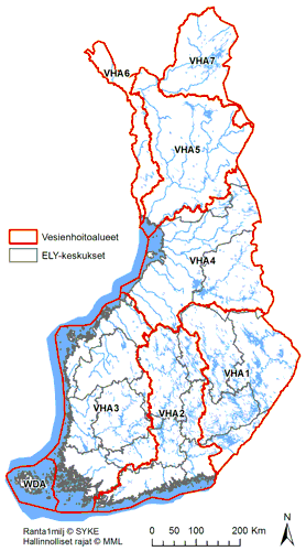 Suomen kahdeksan vesienhoitoalueen rajaukset kartalla.