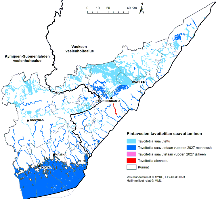 Kartta, jossa esitetään arvio Kaakkois-Suomen pintavesien tilatavoitteen saavuttamisajankohdasta.