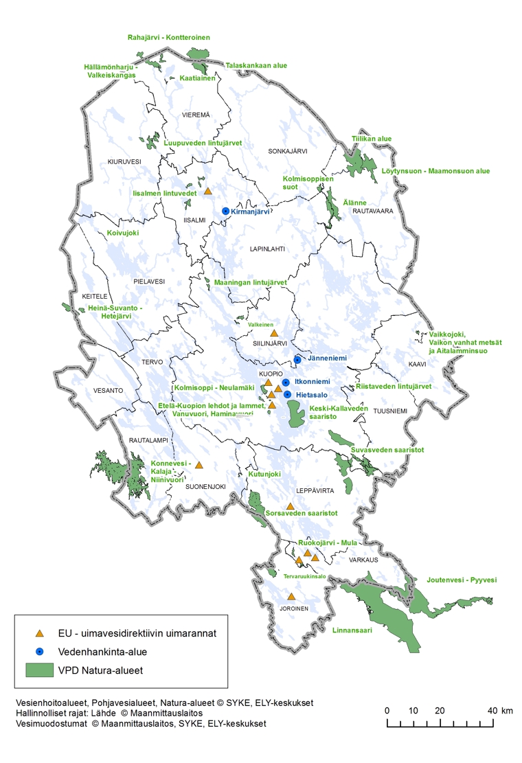 Pohjois-Savon kartalla esitetään EU-uimavesidirektiivin uimarannat, vedenhankinta-alueet ja VPD Natura-alueet.