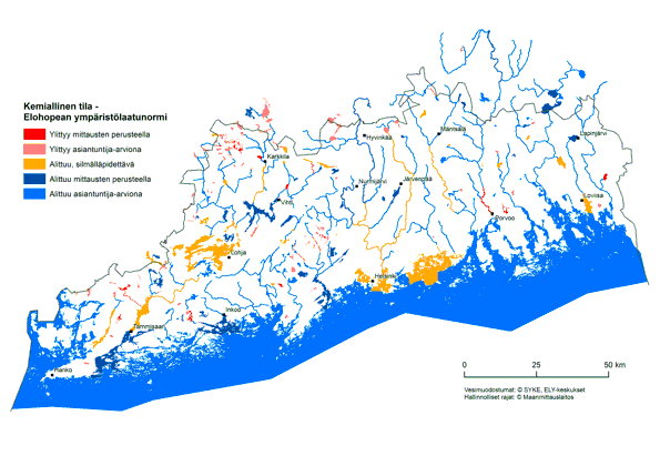 Karttakuva elohopean ympäristölaatunormin ylityksistä pintavesissä.