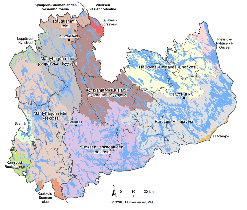 Etelä-Savon kartta, johon on merkitty vesienhoidon suunnittelualueet eri väreillä ja merkitty niiden nimet tekstillä.