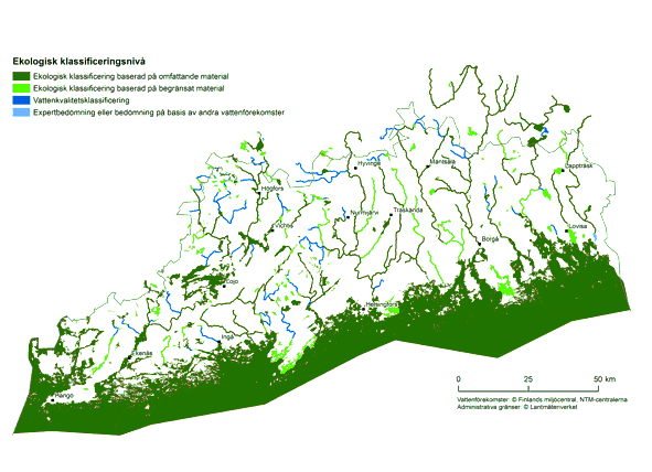 En kartbild av ytvattnens ekologiska klassificeringsnivå. Största delen av klassificeringen baserar sig antingen på omfattande eller begränsat material.