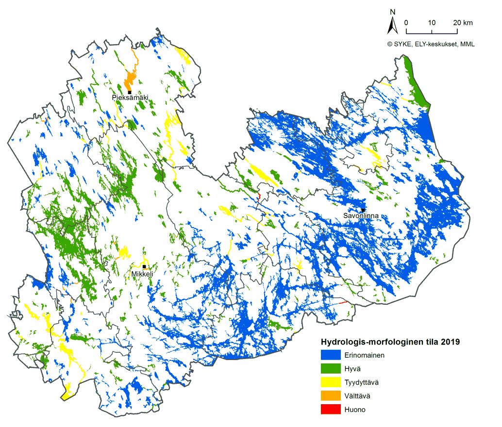Etelä-Savon kartta, jossa on esitetty Etelä-Savon pintavesien hydrologis-morfologinen tilaluokitus eri väreinä.