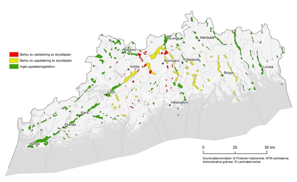 En kartbild av skyddsplaner för grundvattenområden i Nyland.