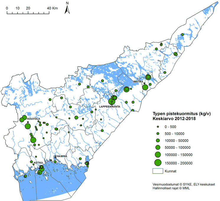 Kartta, jossa kuvataan  typen pistekuormitus Kaakkois-Suomen alueella vuosina 2012–2018 perustuen YLVA-rekisterin tietoihin.