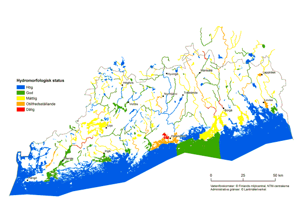 En kartbild av ytvattnens hydromorfologiska status i Nyland.