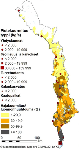 Kuvassa on kartta Tornionjoen vesienhoitoalueesta, jossa esitetään typen pistekuormituskohteet, sekä hajakuormituksen suhde luonnonhuuhtoumaan eri väreillä.