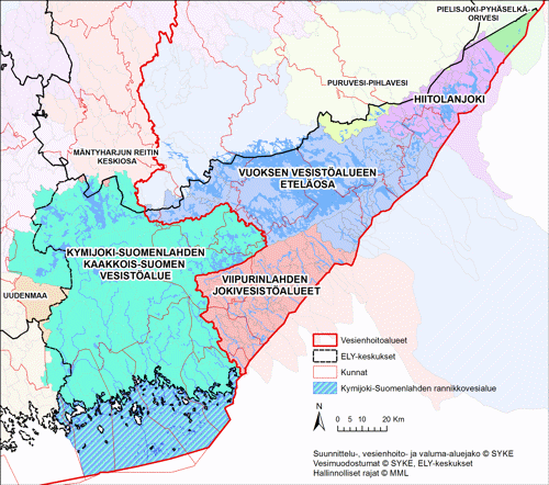 Kaakkois-Suomen alueella sijaitsevat vesienhoidon suunnittelualueet kartalla.