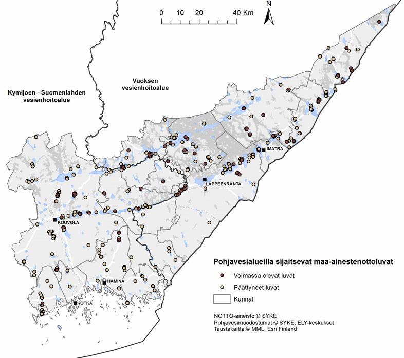 Kuvassa 79 on kartalla esitetty pohjavesialueilla sijaitsevat voimassa olevat ja päättyneet maa-ainestenottoluvat Kaakkois-Suomessa (NOTTO-aineisto 08/2021).