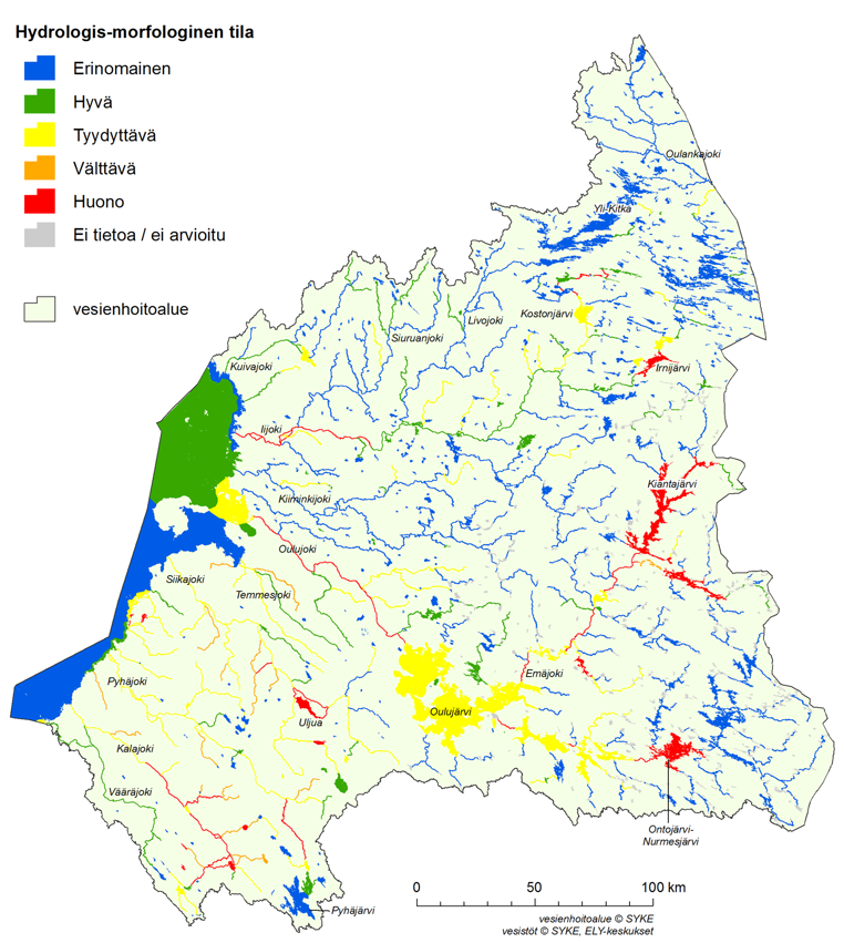Kartta, johon on merkitty eri väreillä säännöstelyn ja vesirakentamisen aiheuttaman muutoksen suuruus pintavesissä.