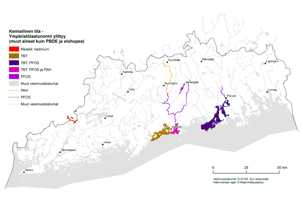 Karttakuva muiden haitallisten aineiden kuin elohopean ja PBDE:n ylityksistä pintavesissä.