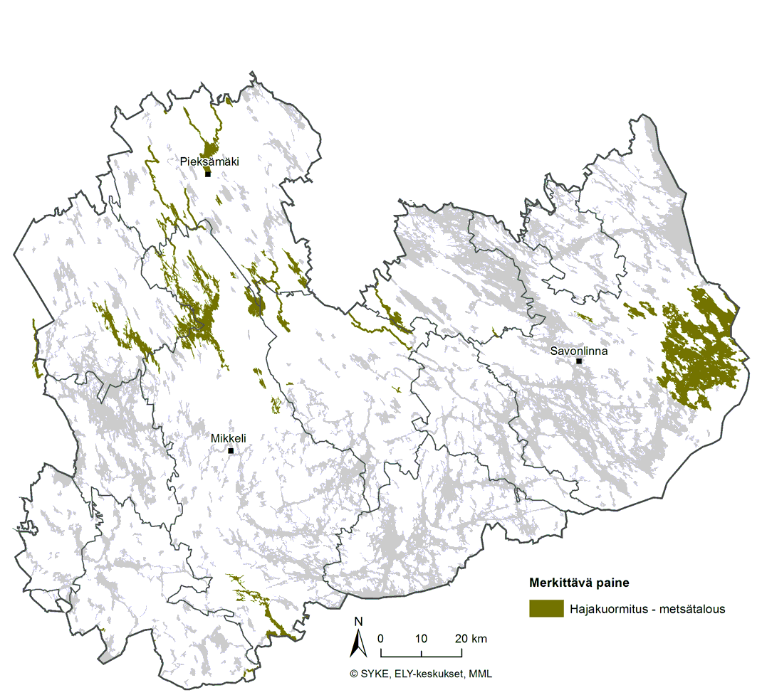 Etelä-Savon kartta, jossa on kuvattu ne pintavesimuodostumat, joissa metsätalous on arvioitu merkittäväksi tilaa heikentäväksi tekijäksi.