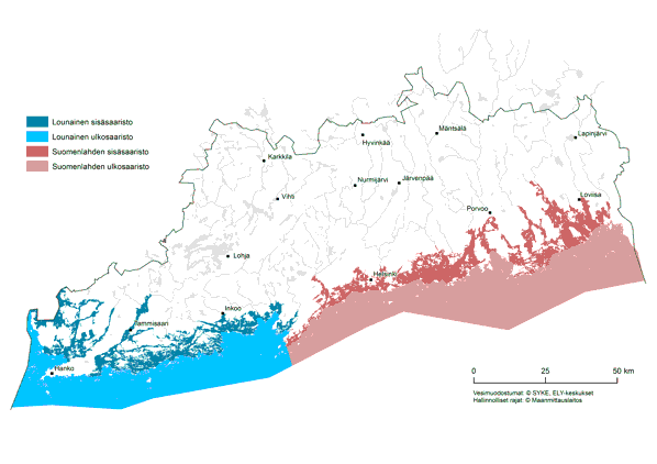 Karttakuva Uudenmaan rannikkovesityypeistä.