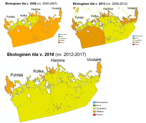 Karttakuvat rannikkovesien ekologisen tilan arviosta eri vuosijaksoilla.