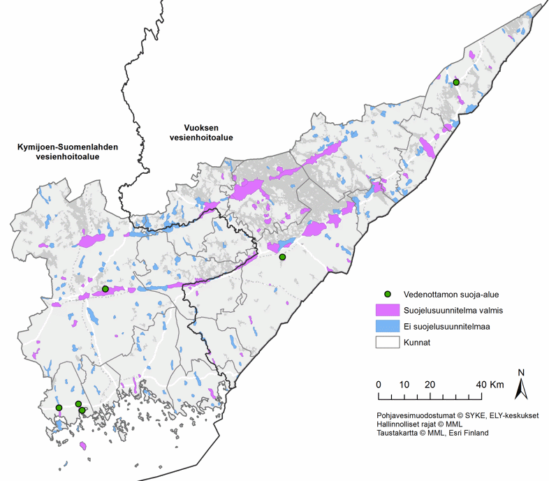 Kuvassa 84. on kartalla esitetty vedenottamoiden suoja-alueet ja pohjavesialueiden suojelusuunnitelmat Kaakkois-Suomessa (09/2020).
