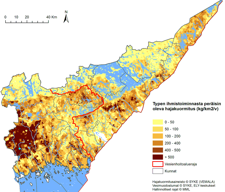 Kartta, jossa kuvataan typen hajakuormitus Kaakkois-Suomen alueella vuosina 2012–2019  perustuen VEMALA-malliin.