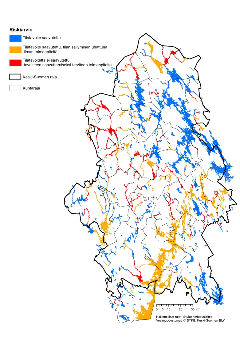 Karttakuva toimenpideohjelma-alueesta ja pintavesimuodostumien riskiarvio. Kartassa on kuvattu eri värein onko muodostuman tila saavutettu, onko sen tila uhattuna ilman toimenpiteitä vai onko tila saavuttamatta.