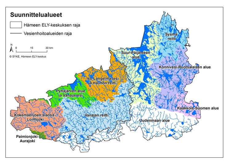 Kuvassa on kartta. Kartassa esitetään Hämeen ELY-keskuksen toimialueella olevat vesienhoidon suunnittelualueet