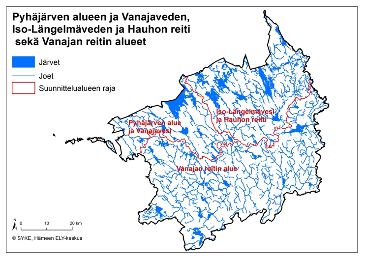 Kuvassa on kartta, jossa esitetään Pyhänärven alueen ja Vanajaveden, Iso-Längelmäveden ja Hauhon reitin sekä Vanajan reitin suunnittelualueiden rajat Hämeen ELY-keskuksen toimialueella.