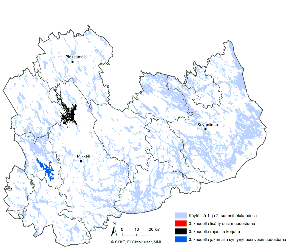 Etelä-Savon kartta, jossa on esitetty pintavesimuodostumat kolmannella vesienhoitokaudella ja niissä tapahtuneet rajausmuutokset toiseen vesienhoitokauteen nähden.