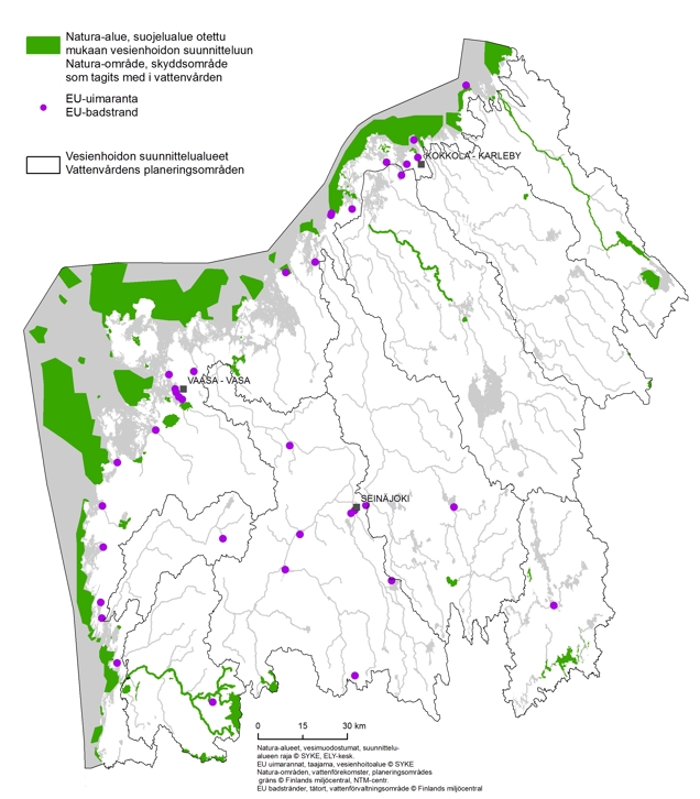 På kartan presenteras Natura 2000-områden och EU-badstränder som har tagits med i planering av vattenvården i NTM-centralen Södra Österbottens område. Cirka 2/3 av EU-badstränderna ligger i kustområdet och resten i inlandet. De mest omfattande Natura-områdena med tanke på deras areal finss i kustområden. I inlandet finns några områden.
