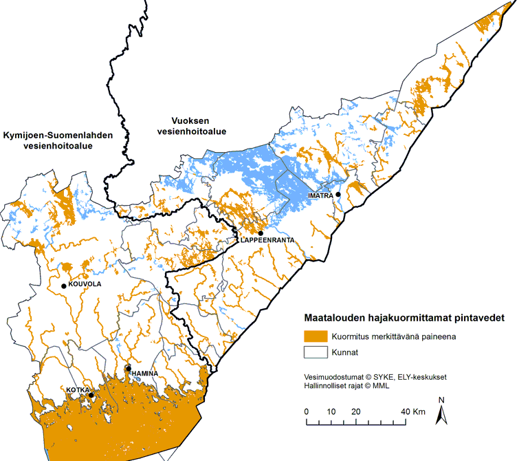 Kartta, jossa esitetään pintavesimuodostumat, joissa maatalous on tunnistettu merkittäväksi paineeksi.