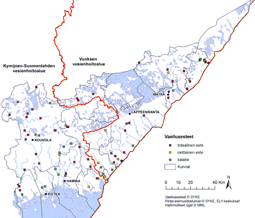 Kartta  merkittävimmistä vaellusesteistä. Kaakkois-Suomessa. Suurin osa kalateistä on pohjapadoiksi muutettuja säännöstelypatoja