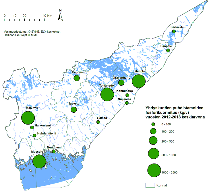 Kartta, jossa kuvataan  yhdyskuntien jätevedenpuhdistamoiden fosforikuormitus vuosien 2012–2018 keskiarvona perustuen YLVA-rekisterin tietoihin.