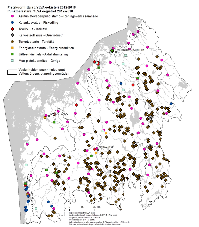 Kartta: Pistekuormitus jakautuu varsin tasaisesti koko Etelä-Pohjanmaan ELY-keskuksen alueelle, kuitenkin siten, että turvetuotantoa on enemmän sisämaassa ja kalankasvatusta puolestaan rannikolla.