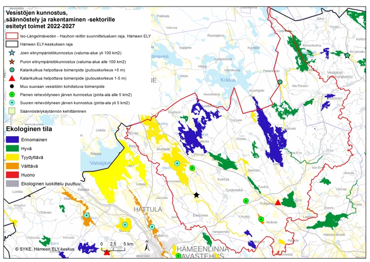 Kartta, jossa on esitetty Iso-Längelmäveden ja Hauhon reitin suunnittelualueen vesille esitetyt vesistöjen kunnostus, säännöstely ja rakentaminen -sektorin toimet vuosille 2022-2027 Hämeen ELY-keskuksen alueella.