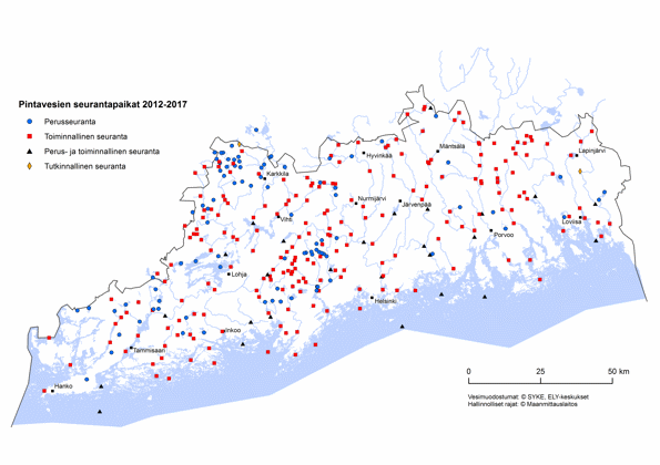 Karttakuva pintavesien seurantapaikoista.