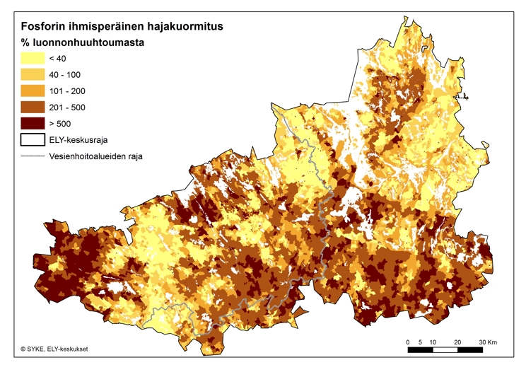 Kartta, jossa on esitetty fosforin ihmisperäisen hajakuormituksen osuus prosentteina luonnonhuuhtoumasta Hämeessä.