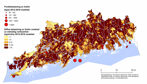 En kartbild av punktbelastning och diffus belastning av totalfosfor i Nyland.